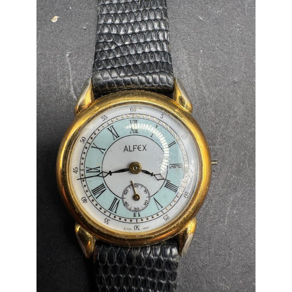 ALFEX Swiss Made Gold Tone Bezel Women's Wristwatch Black Leather Band
